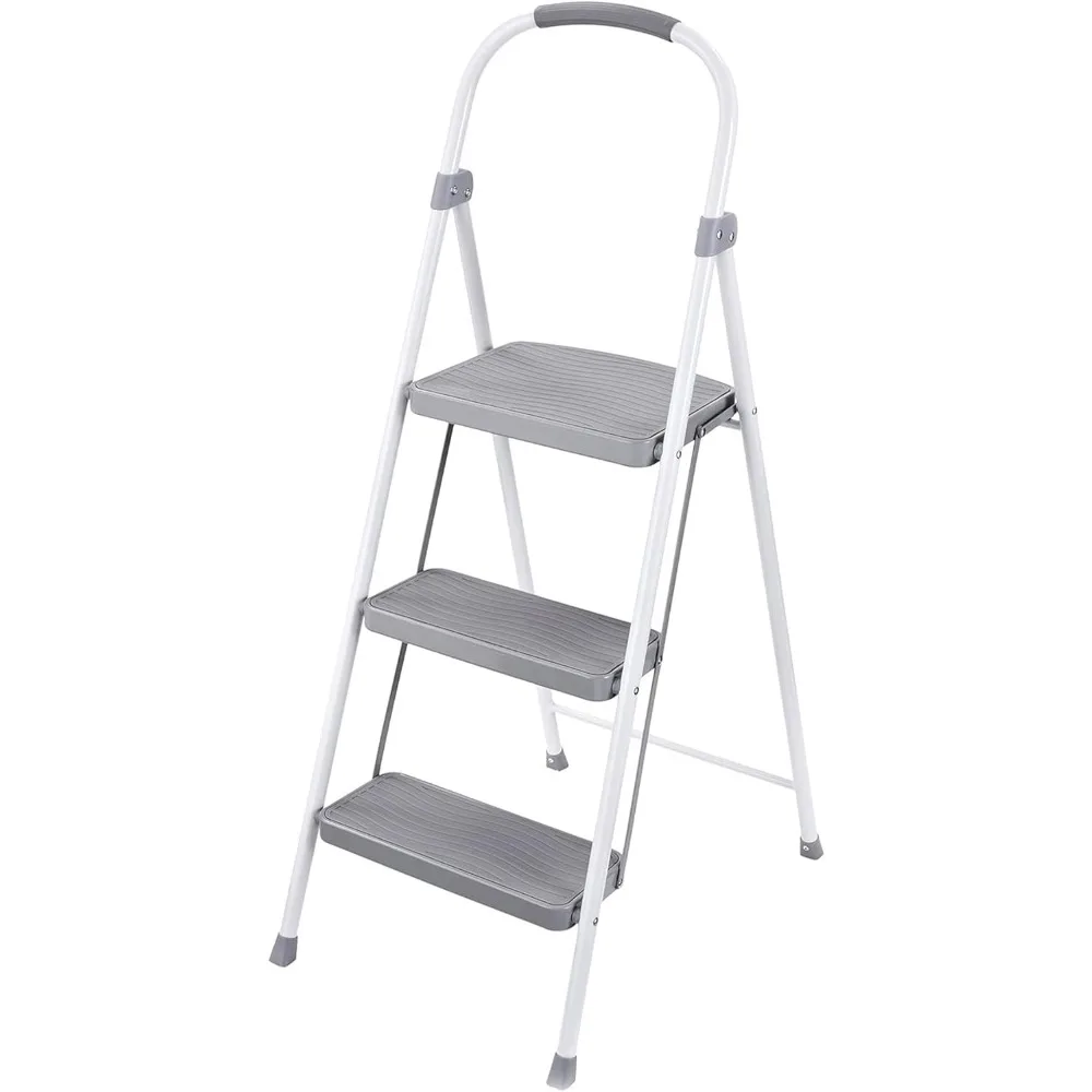 

Folding 3-Step Steel Ladder with Handrail, Portable Step Stool in White