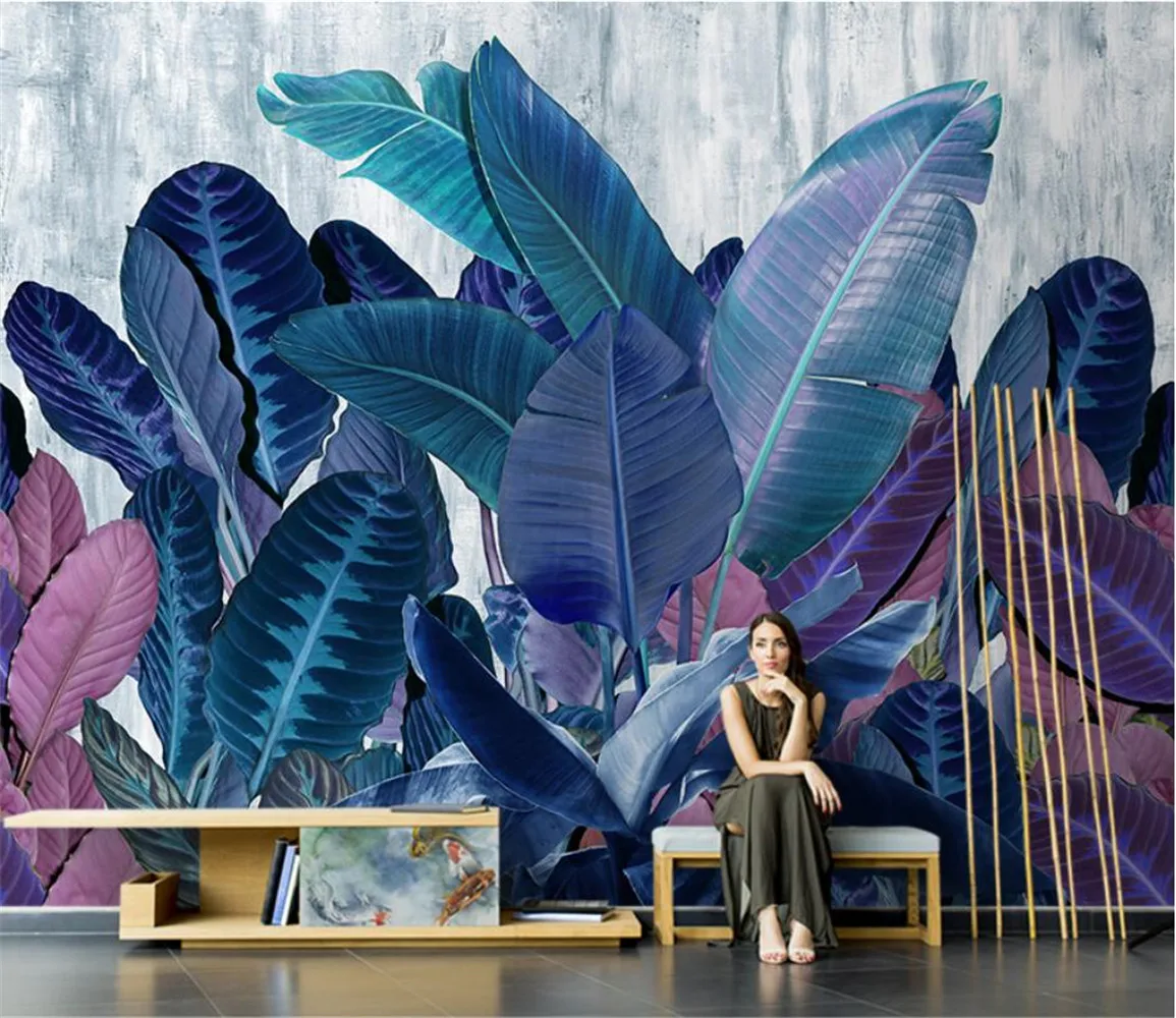 

Southeast Asia hand-painted banana leaf plant mural living room TV background wall sofa 3d wallpaper papel de parede room decor