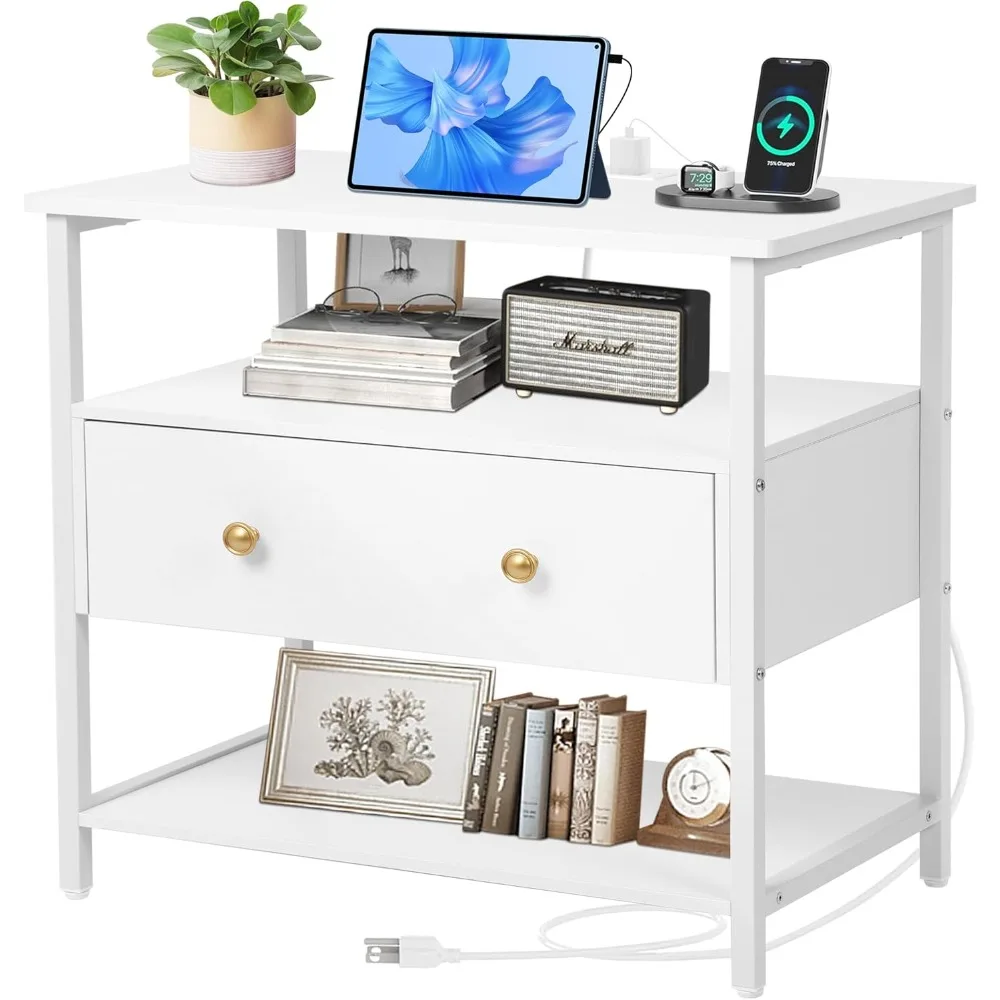 

27 inch Nightstand Side Table with 1 Layer of Wooden Drawers，Nightstand with Charging Station,End Table Bedside Table with USB P