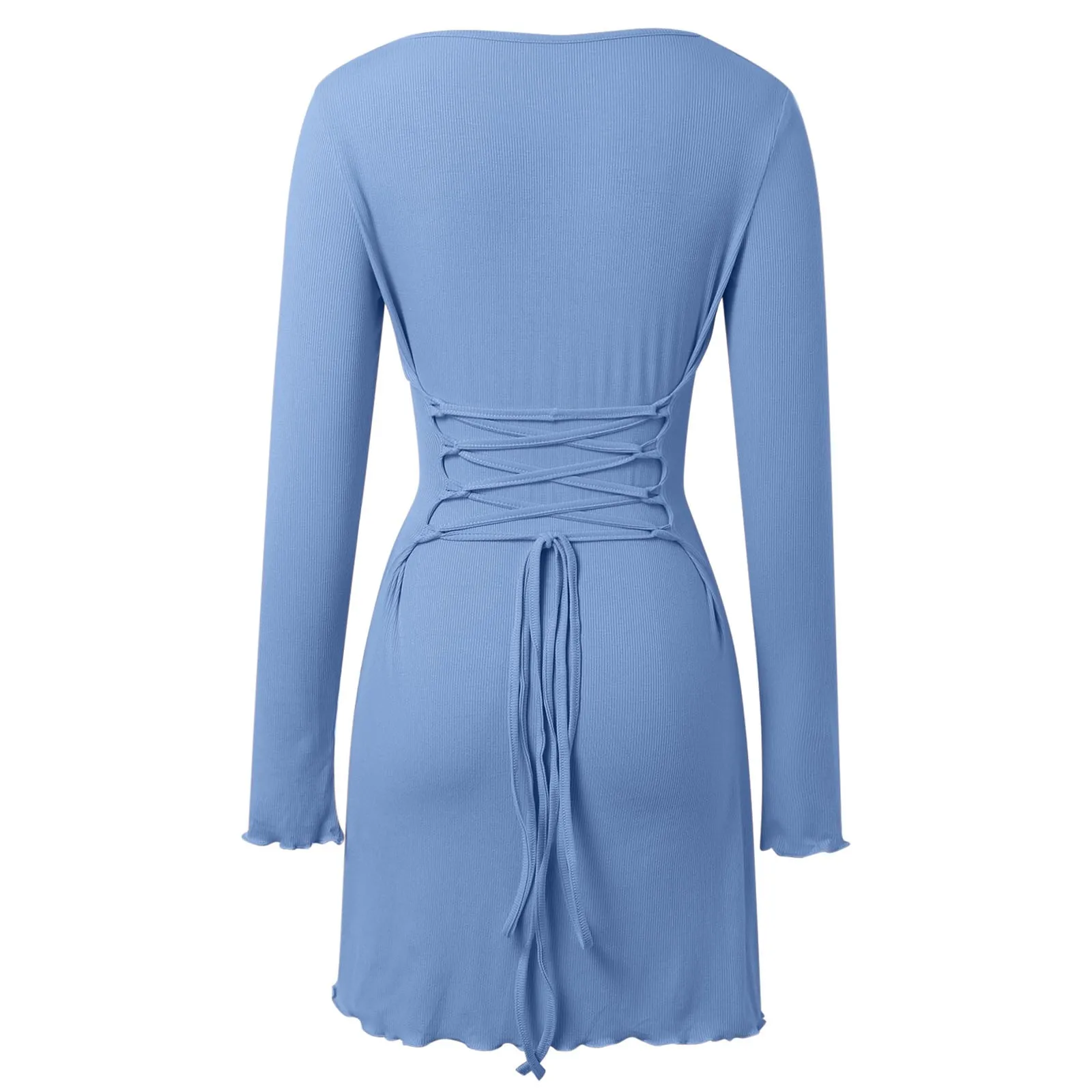 Sexy Long Sleeve Bodycon Dress Women Solid Color Lace-Up Mini Dress Round Neck Party Dress Robe Femmes