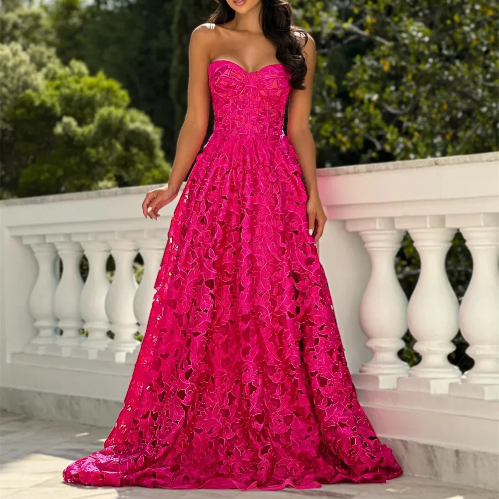

2025 Pink Appliques Elegant Evening Dresses Backless Party Prom Gowns Lace Strapless Evening Prom Dresses Customized