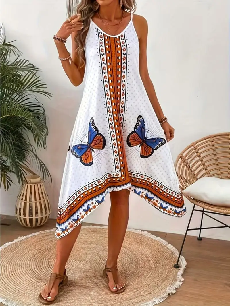 European and American Women's New Dress V-neck Sleeveless Sexy Printed Large Hem Foreign Trade Dress