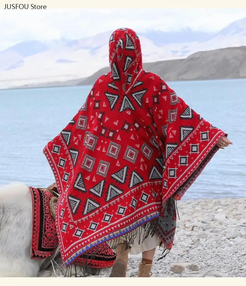 Capa con Capucha Étnica para Mujer, Abrigo Cálido para Viajes a la Montaña, Ropa de Abrigo Multifuncional a Prueba de Viento, Bufanda Tipo Capa para Vacaciones