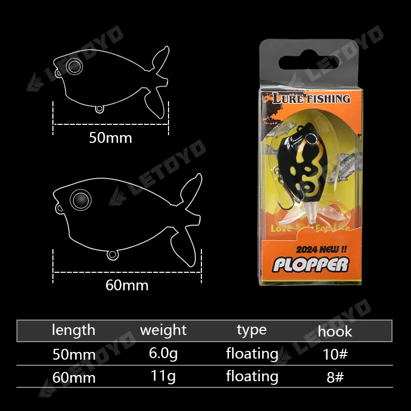 LETOYO 50mm 60mm Floating Popper Lure Topwater Rotating Propeller Hard Baits For Bass Black Fish