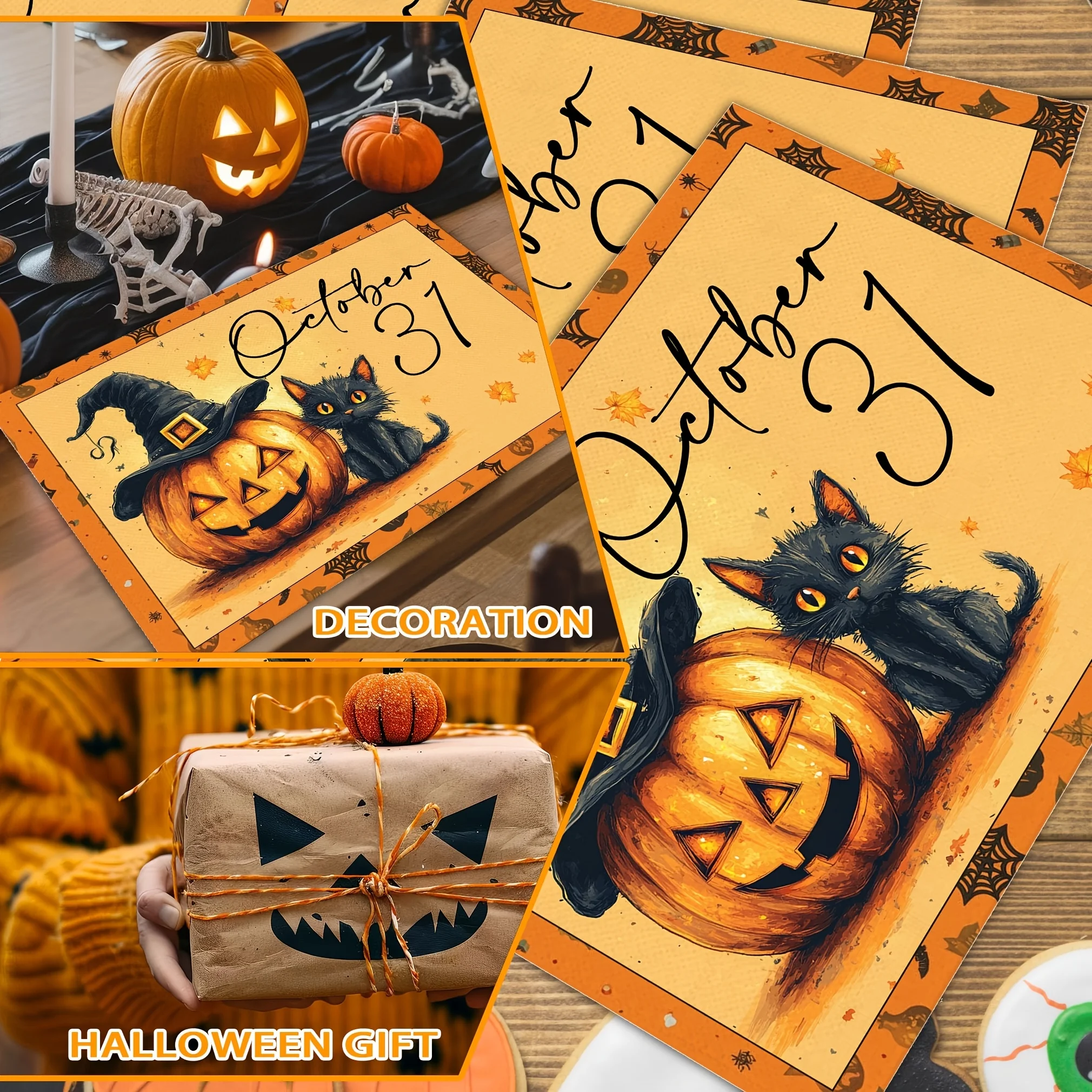 1 pc Linen Halloween Pumpkin Placemats Pumpkin And Black Cat Table Mat for Kitchen Dining Table, Spooky Decoration for Home - view 6