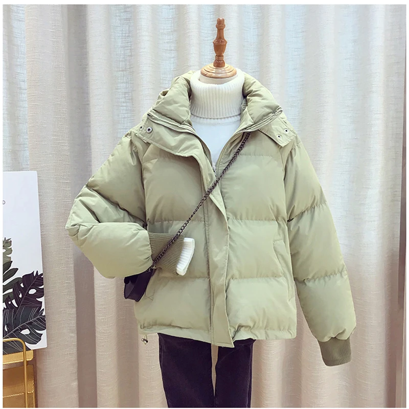 

Down Cotton Jackets Women Korean Style Loose Hooded Bread Coats Thicken Solid Color Tops Leisure Female Warm Outerwear