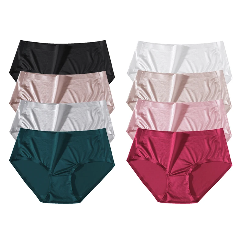 BANNIROU 8Pcs Women's Underwear Seamless Ice Slik Briefs Sexy Low-Rise Solid Female Panties Ladies Intimates