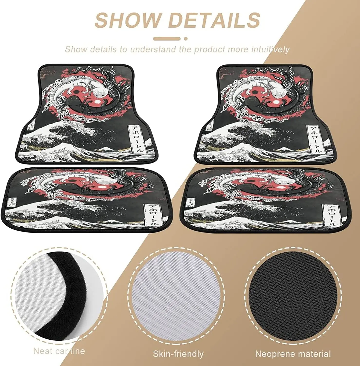 Japanese Wave Yin Yang Axolotl Car Mats Universal Fit Car Floor Mats Fashion Soft Waterproof Car Carpet Front&Rear 4 Pieces