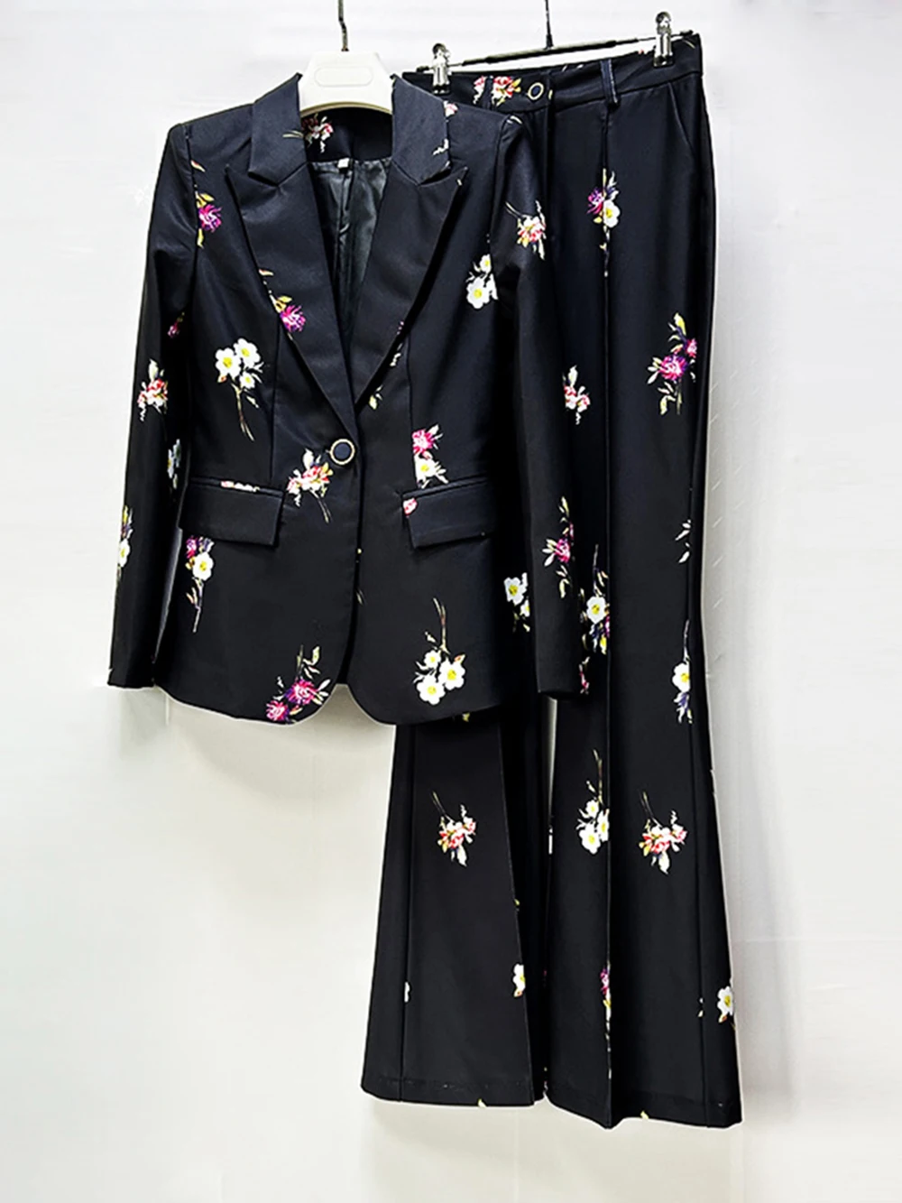 Modphy Fashion Designer Runway Suit Set Women's Flowers Printing Blazer Flare Pants Set OL Fall Two 2 Piece Set Outfit