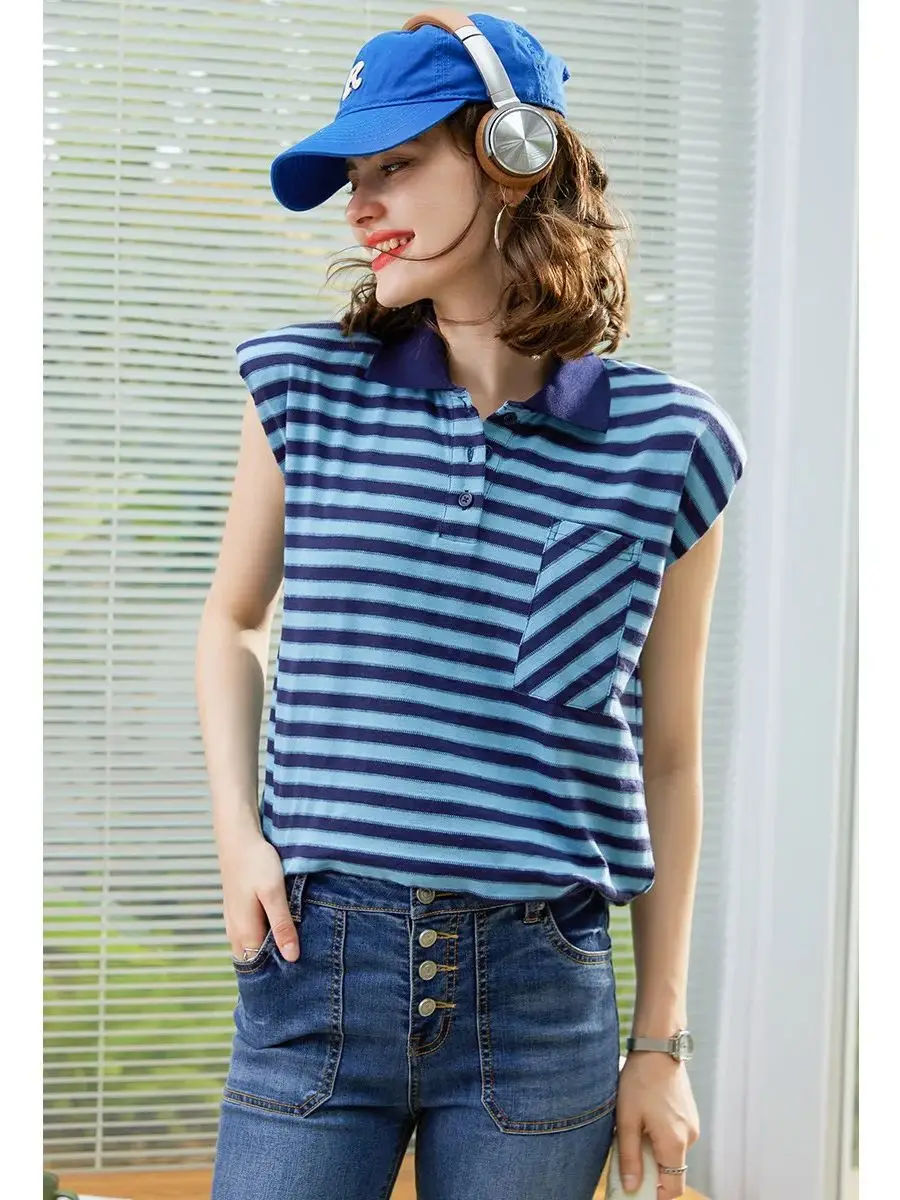 LOUIS YAO Women Striped T-shirt 2024 Summer Casual Tee Turn Down Collar Sleeveless Loose Shoulder Pads Pullover Top