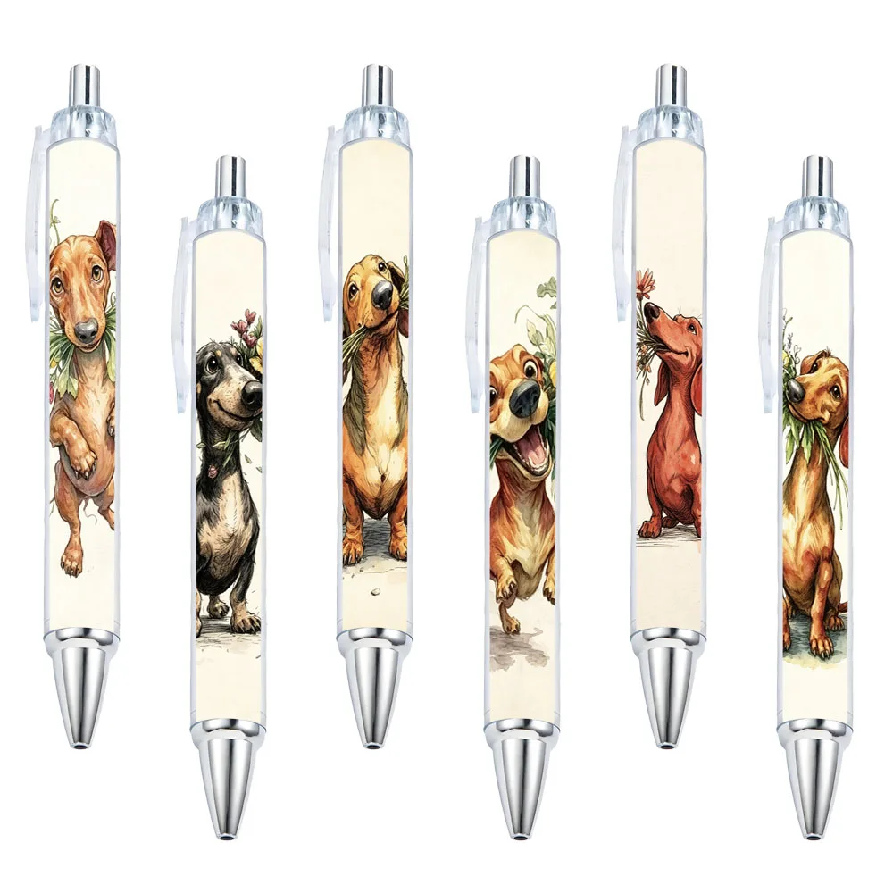 

6pcs Sausage Dog Flower Theme Press Neutral Pen School Season Student Writing Pen Gift Pen Pattern Random