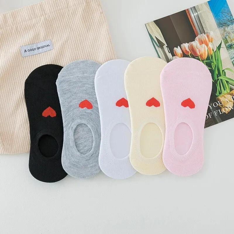 5 Pairs of WOMEN\'S Invisible Socks, Solid Color Heart Anti Slip Summer Ankle Socks, Casual Breathable Thin Boat Socks