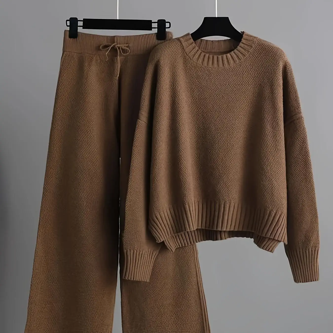 Herbst Winter Mode Lässig Gestrickte Faul Set frauen Lose Pullover Breite Bein Hosen Lange Hosen Zwei Stück Set