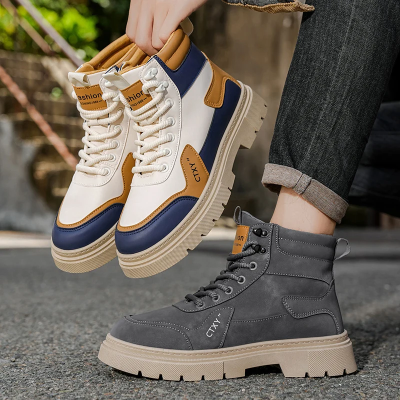 2025 Nuovi stivali gialli grandi da uomo Suola antiscivolo durevole Suola alta e spessa Stivali da lavoro britannici foderati in pile invernale Motorcycl