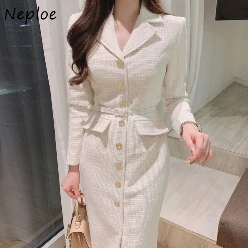 Neploe Temperament Notched Collar Dresses Women Metal Single-breasted Lace-up Waist Vestidos Office Ladies Tweed Robe Femme