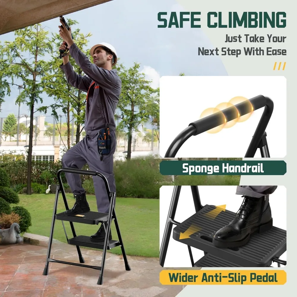 

2 Step Ladder, Foldable Step Stool with Newly Designed Sturdy Honeycomb Construction, Folding Step Ladder for Adults