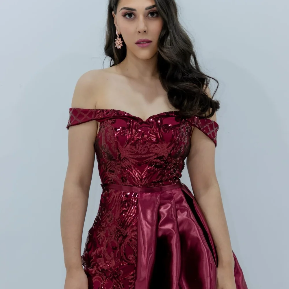 Amanda Customized Red One Shoulder Sequins Prom Dresses A-line Backless vestidos de noche Sleeveless Floor-Length Formal Evening