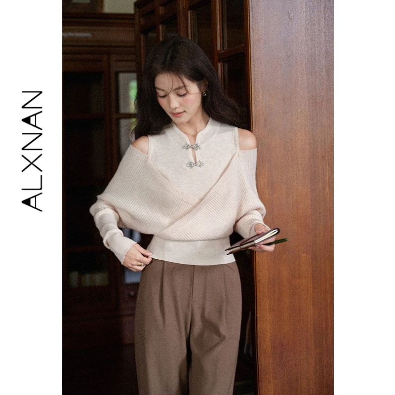 ALXNAN Women's New Chinese Style Off Shoulder Frog Button Knit Top Apricot Cross Front Long Sleeve Pullover Autumn L569109