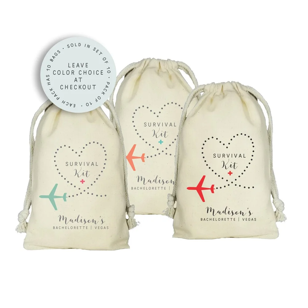 10PCS DESTINATION Airplane SURVIVAL KIT - Personalized Favor Bags - Set of 10 - Bachelorette Party - Wedding Shower - party favo