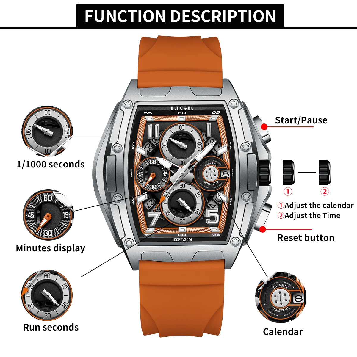 ساعة LIGE للرجال رياضية فاخرة وساعات عصرية للرجال بتصميم مربع فريد من نوعه كرونوغراف كوارتز وشريط مقاوم للماء