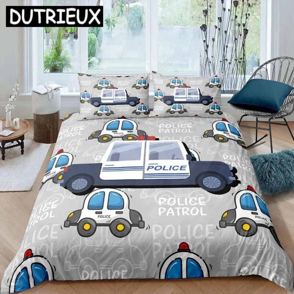 Police Car King Queen Duvet Cover Cartoon Car Bedding Set Kids Boys Blue Grey Emergency Responder Vehicles Polyester Quilt Cover