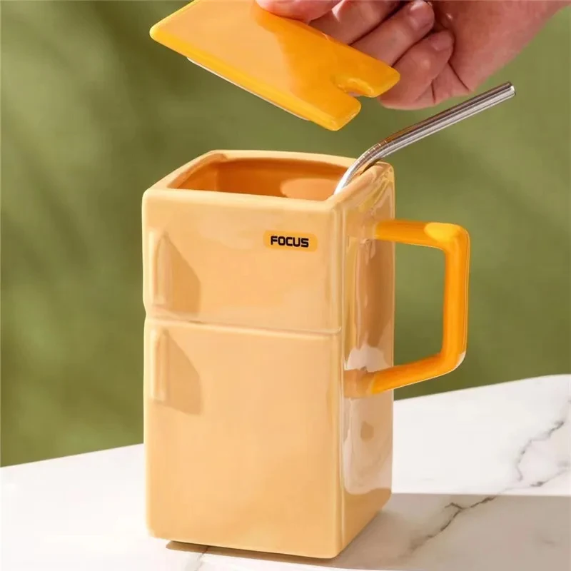 الإبداعية الرجعية الثلاجة كوب ماء مربع مع مغطاة الفولاذ المقاوم للصدأ كوب سيراميك مضحك مكتب الأزواج هدية أكواب القهوة