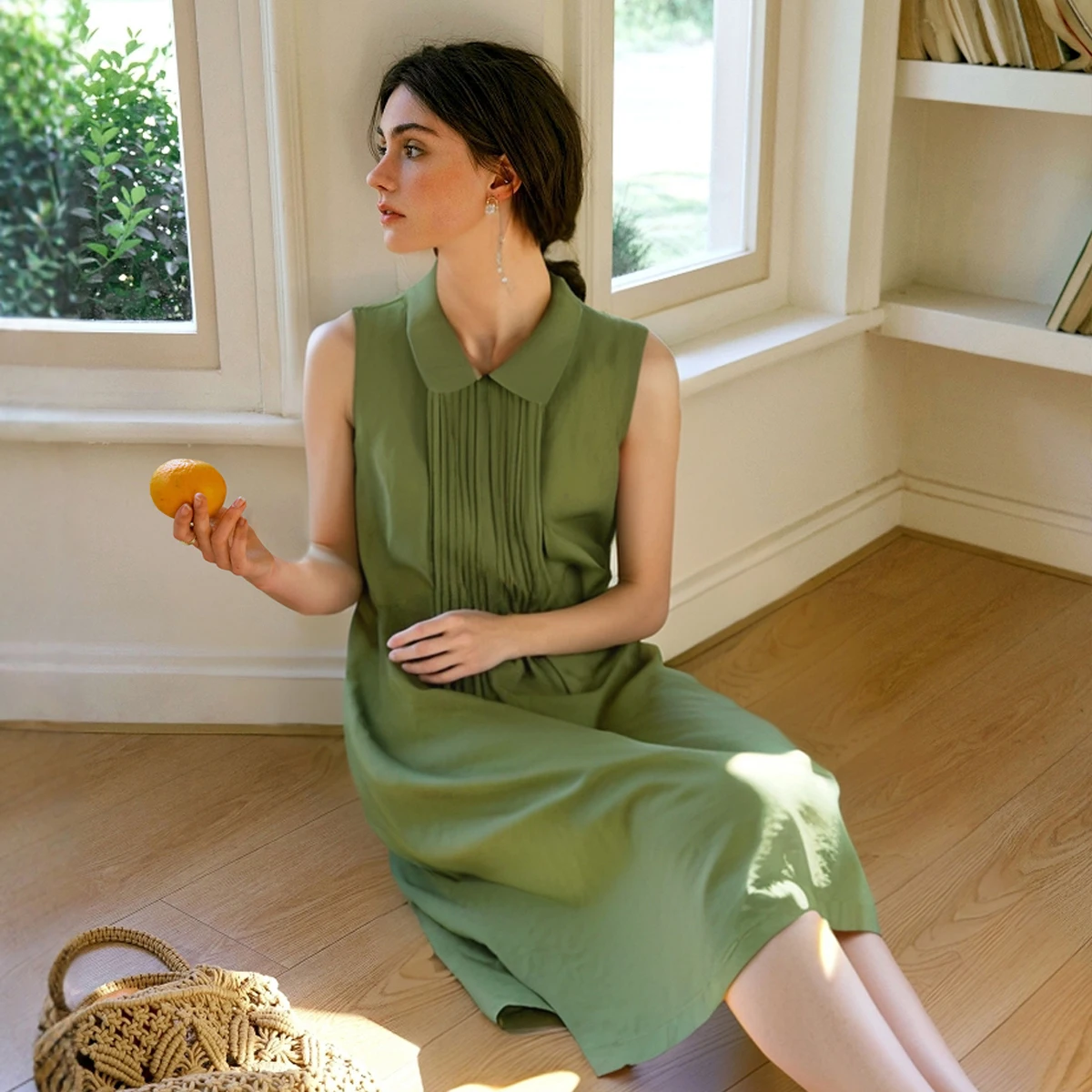 OLrain 女性サマードレス 2025 グリーンストラップフレンチファッション気質ドレス森休暇オフショルダードレス O57XL98689