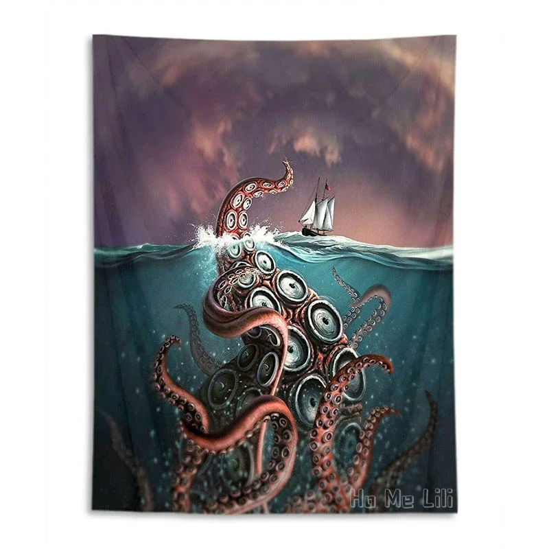 Octopus Monster Retro Sailboat Tapestry Wall Hanging For Living Room Bedroom Home Decor