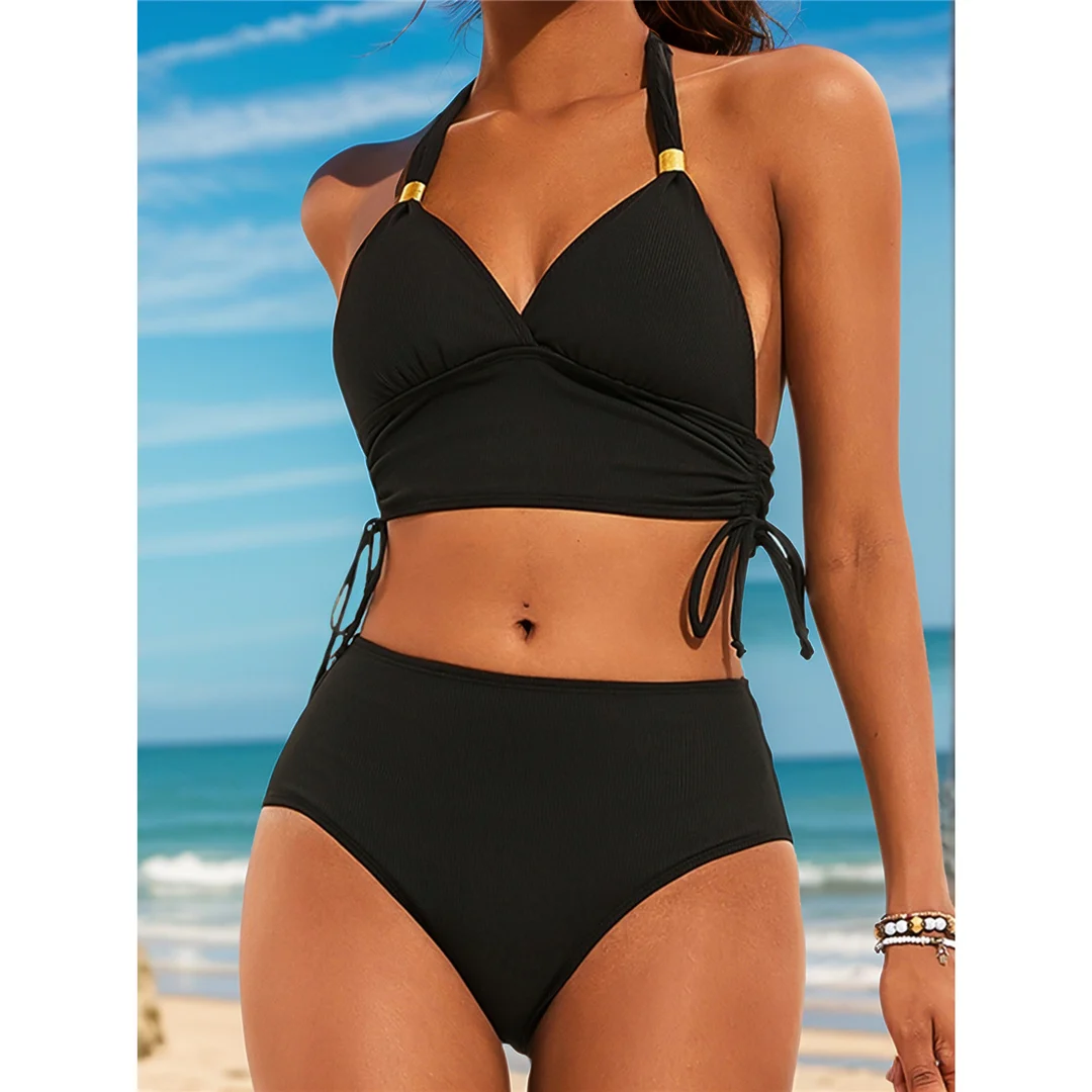 S - XXL 2026 Gerippter Neckholder-Bikini mit mittelhohem Bund, Damen-Badeanzug, zweiteiliger Bikini-Set, Badebekleidung, Badeanzug, Schwimmanzug V6447 – Detail 8