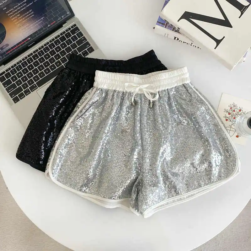 

Женские серебряные шорты трапециевидной формы Y2k с блестками, винтажные шорты в стиле Харадзюку, мини-короткие брюки на резинке, эмо, одежда 2000-х годов, летняя одежда