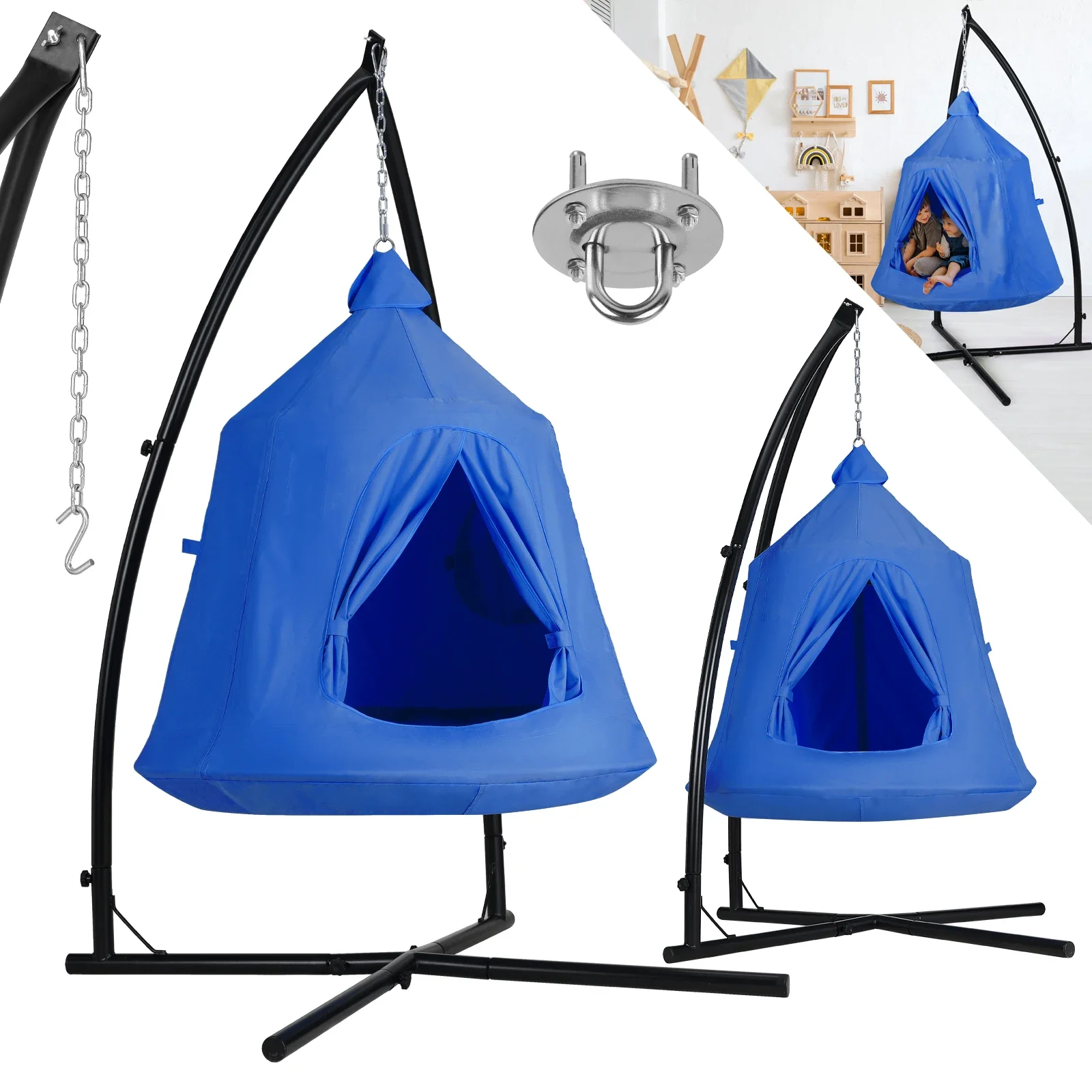 Hanging Hammock X-Stand w/Tree Tent,Play Tent Indoor Metal Swing Chair Stand Outdoor Egg Basket Patio Seat w/Support Stand