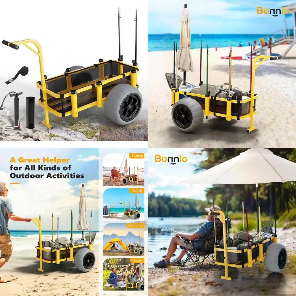 Carro de playa de pesca con 16 ruedas de globo grandes para arena, capacidad para 400 libras, 8 asientos de pesca, carro resistente