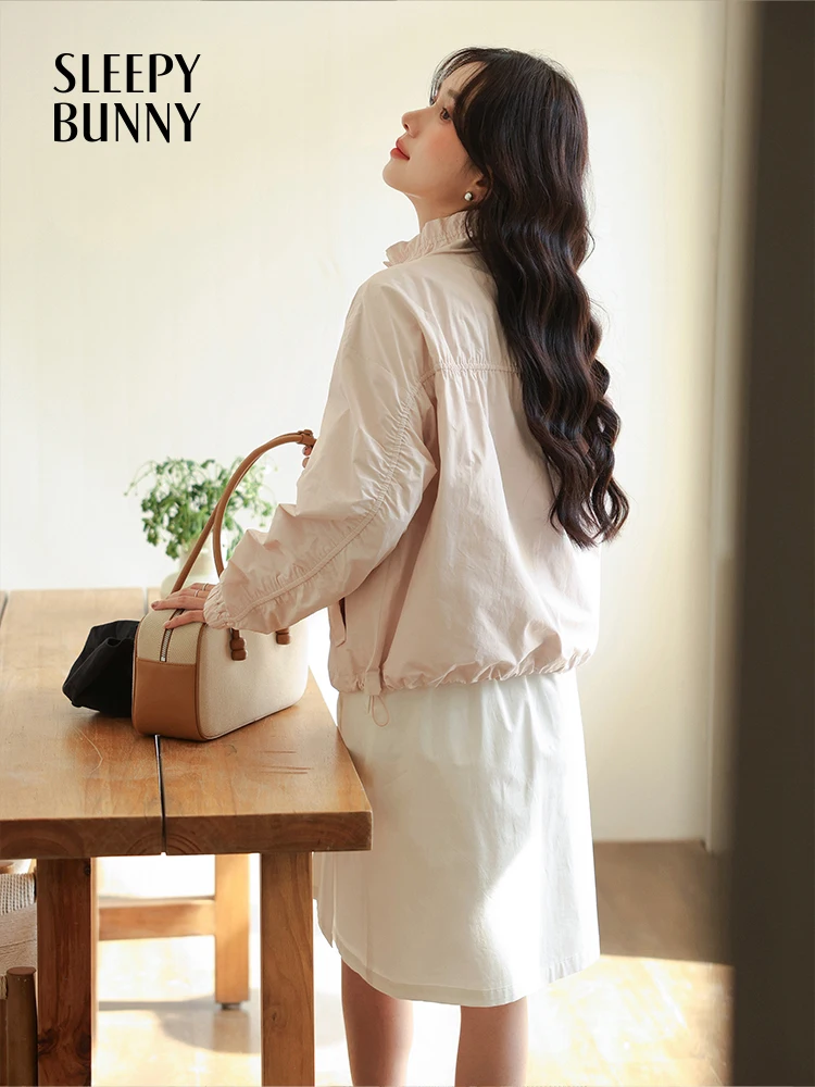 Ruffle Collar Loose Fit Jacket Women Spring Casual Utility Coat Buttons Lightweight Korean Oversized Workwear Outerwear Daily