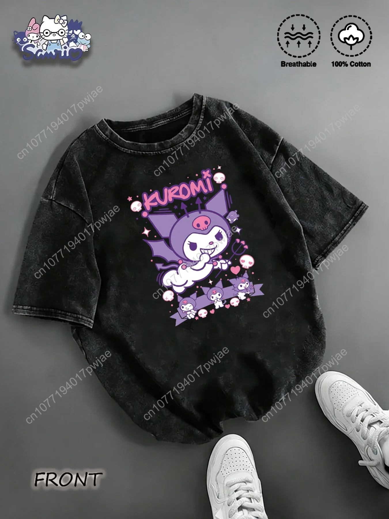 

Sanrio Kuromi Vintage Distressed T-Shirt - 100% Oversized Streetwear Tee with Purple Skull & Kuromi Print, Soft Cosplay T-Shirt