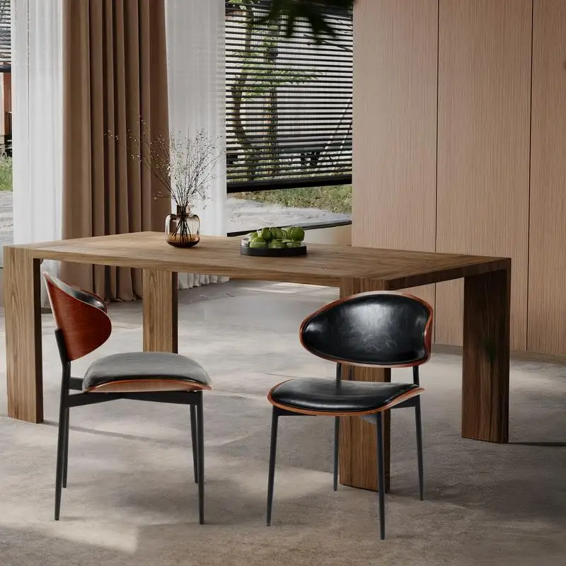 كراسي تناول الطعام الحديثة في منتصف القرن - مجموعة من 2، تصميم Bentwood مستوحى من الإيطاليا، أرجل معدنية غير لامعة، جلوس من جلد البولي يوريثان الفاخر