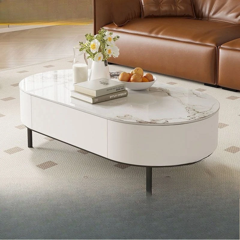 Table basse en dalle de roche, salon, maison, petit appartement, moderne, simple, table à thé au sol, célébrité d'internet, sens senior ovale