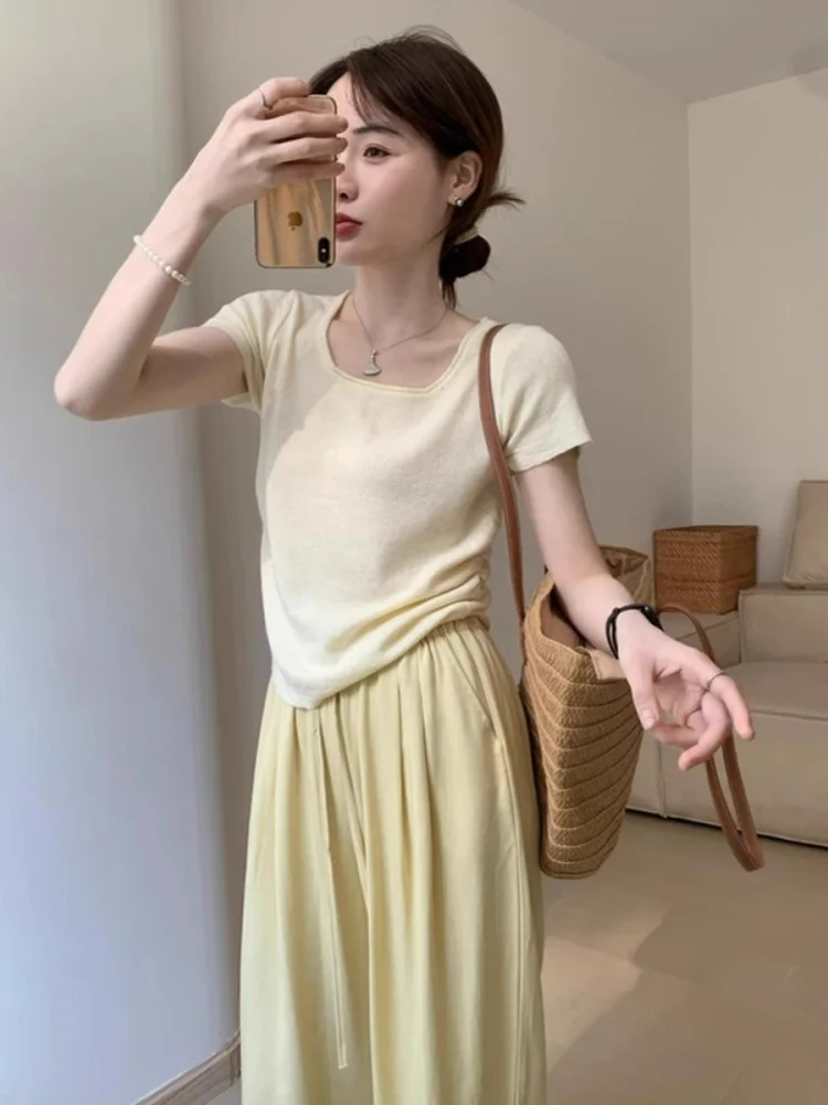 Thin U-Neck Ice Silk Knitted Short Sleeve T-Shirt Women's Correct Shoulder Top Special Fold Summer New Arrival Elegant Style