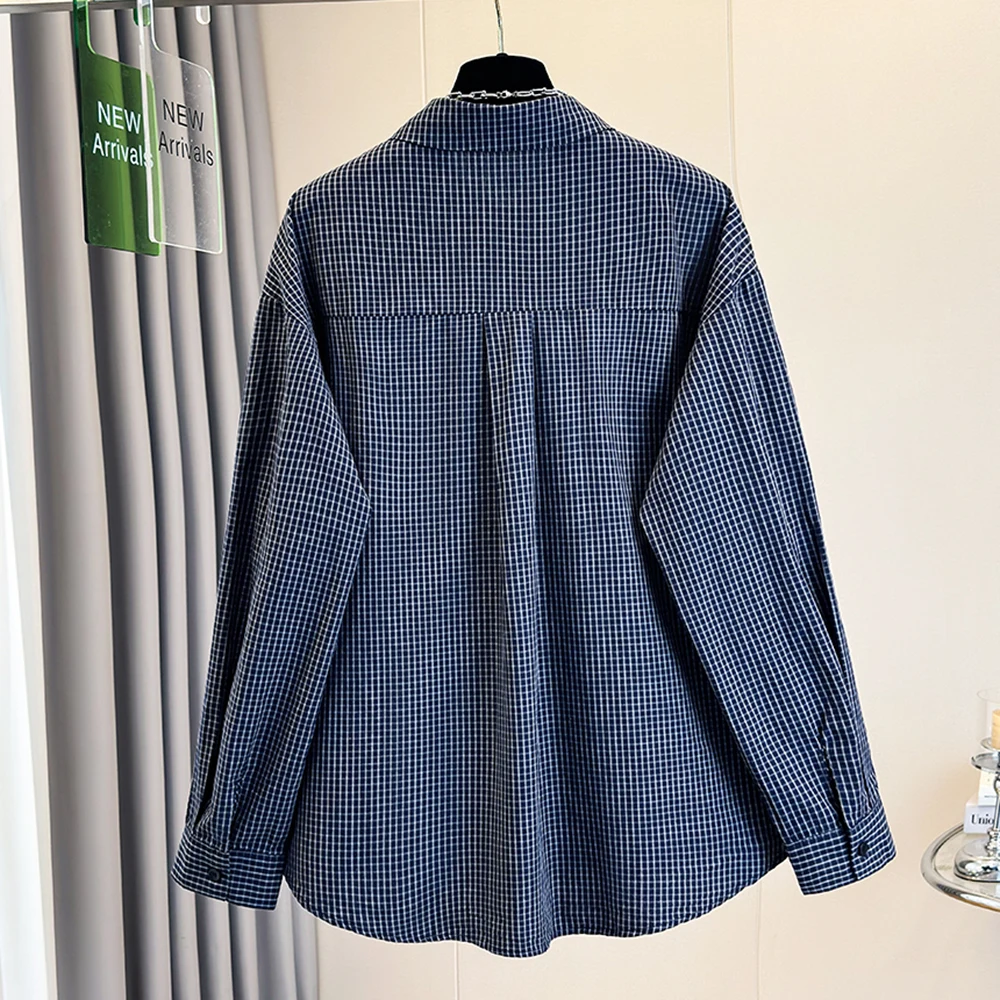 Retro Polka Dot Long Sleeve Casual Shirt Women's Loose Fit Versatile Layering Collar Stand up Blue Grey Shirt Autumn Wear 3