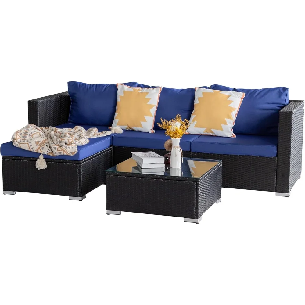 

"Black and Blue 5-Piece Outdoor Patio Conversation Set with Rattan Furniture"