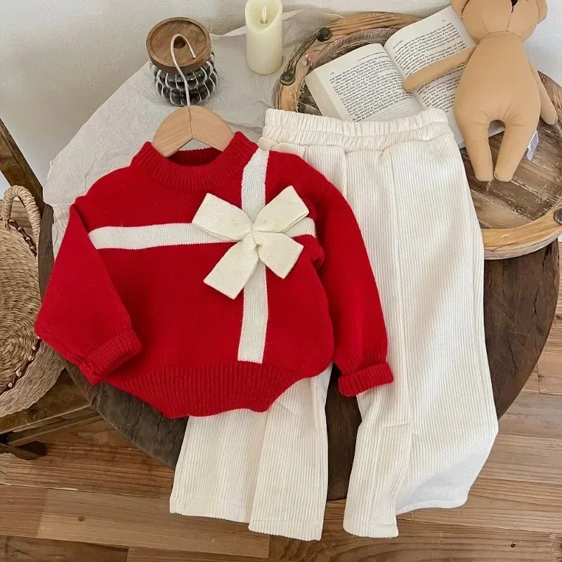 Girls\' Autumn Christmas Sweater Baby Girls\' Big Bow Knitted Sweater Coat Clothes 2024 Autumn/Winter New Pants for Girl