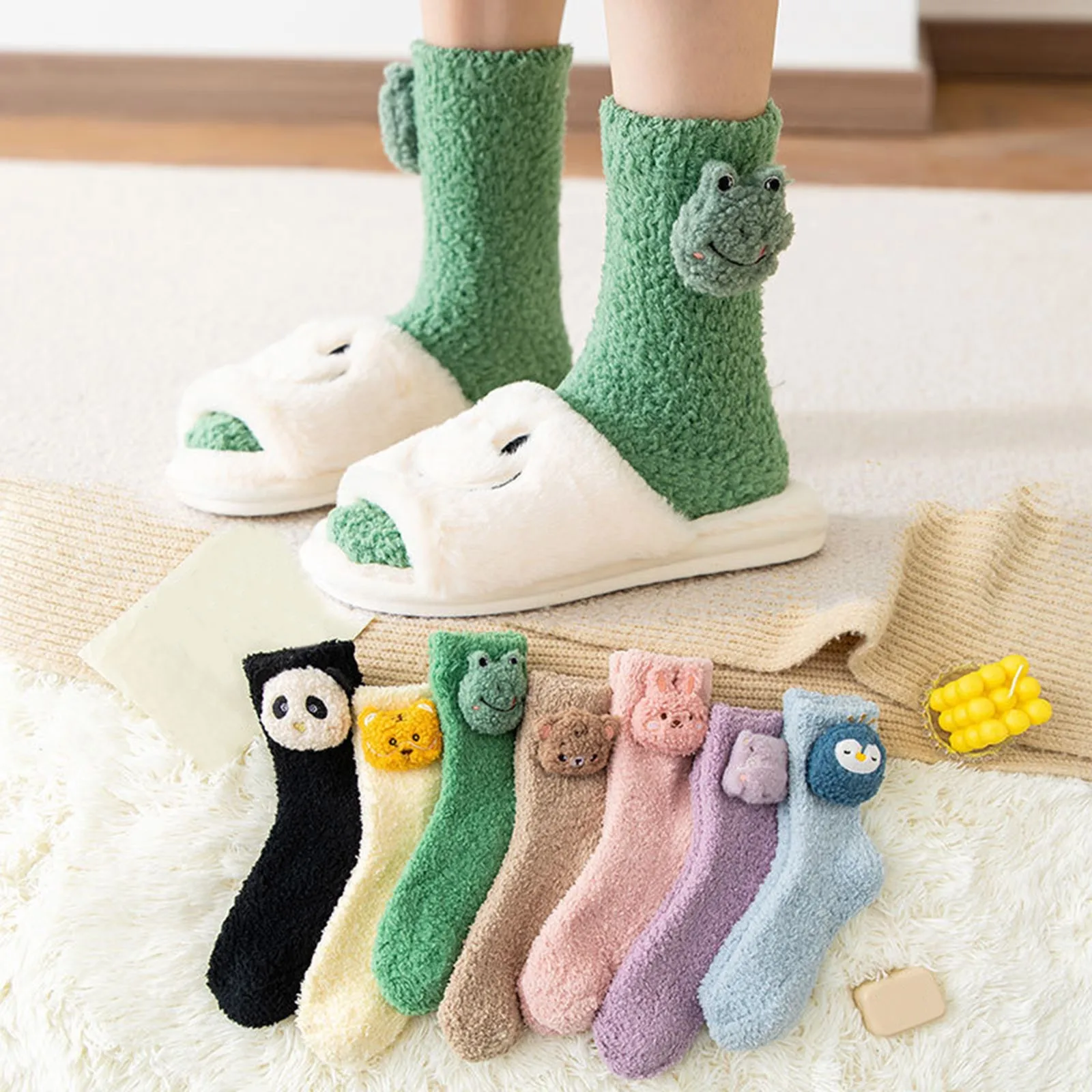 Frog/rabbit/tiger/panda Women Socks Girl's Winter Home Floor Socks Coral Fleece Sleep Socks Women Socks Cartoon Sox Kawaii Socks