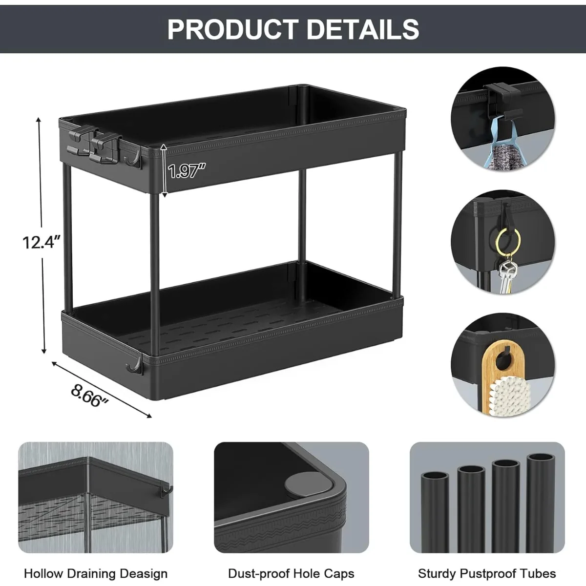 Under Sink Organizer, 2 Tier Under Sink Storage Organizer, Bathroom Standing Rack, Bath Collection Baskets with Hooks, Black