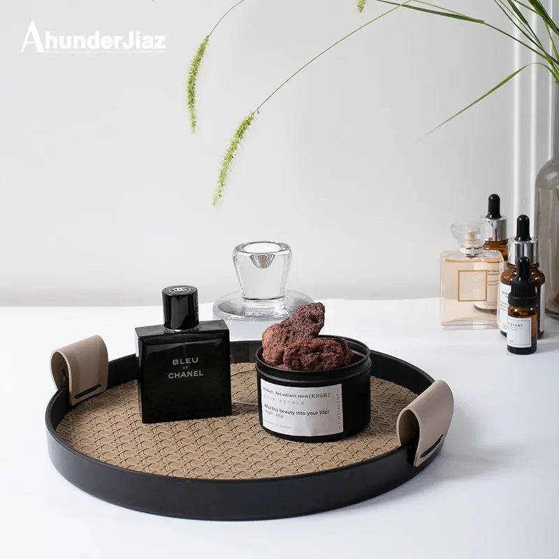 

AhunderJiaz Nordic Style Round Jewelry Tray Living Room Kitchen Leather Storage Tray Cosmetic Sundries Plate Home Decoration