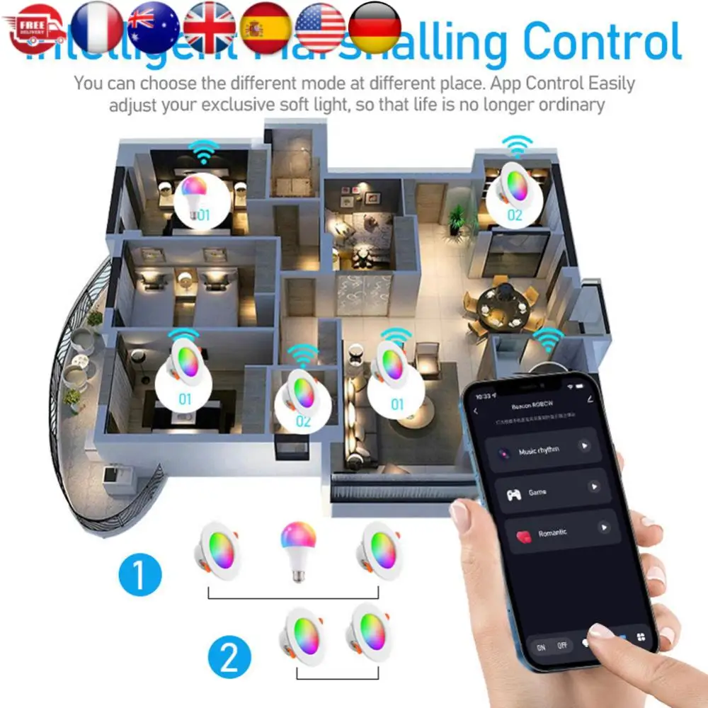 10W Smart LED Downlight Bluetooth-Compatible Recessed Ceiling Lamp Dimmable Recessed Down Light 2700K-6500K for Home Lighting