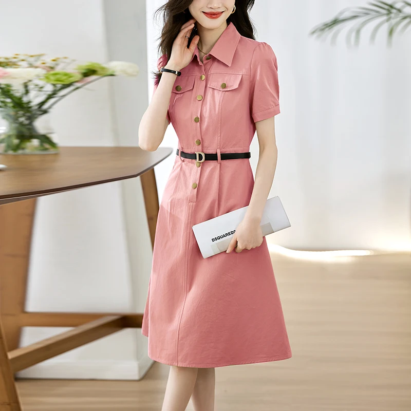 

2026 Summer Short-sleeve Shirt-style Dress Women's Comfy Cotton Maxi Dresses Single-breasted Sashes Accept-waist A-line Dresses