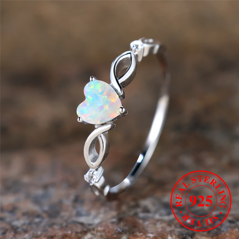 

Cute Female Natural White Fire Opal Stone Heart Infinity Ring Vintage Real 925 Sterling Silver Wedding Jewelry For Women