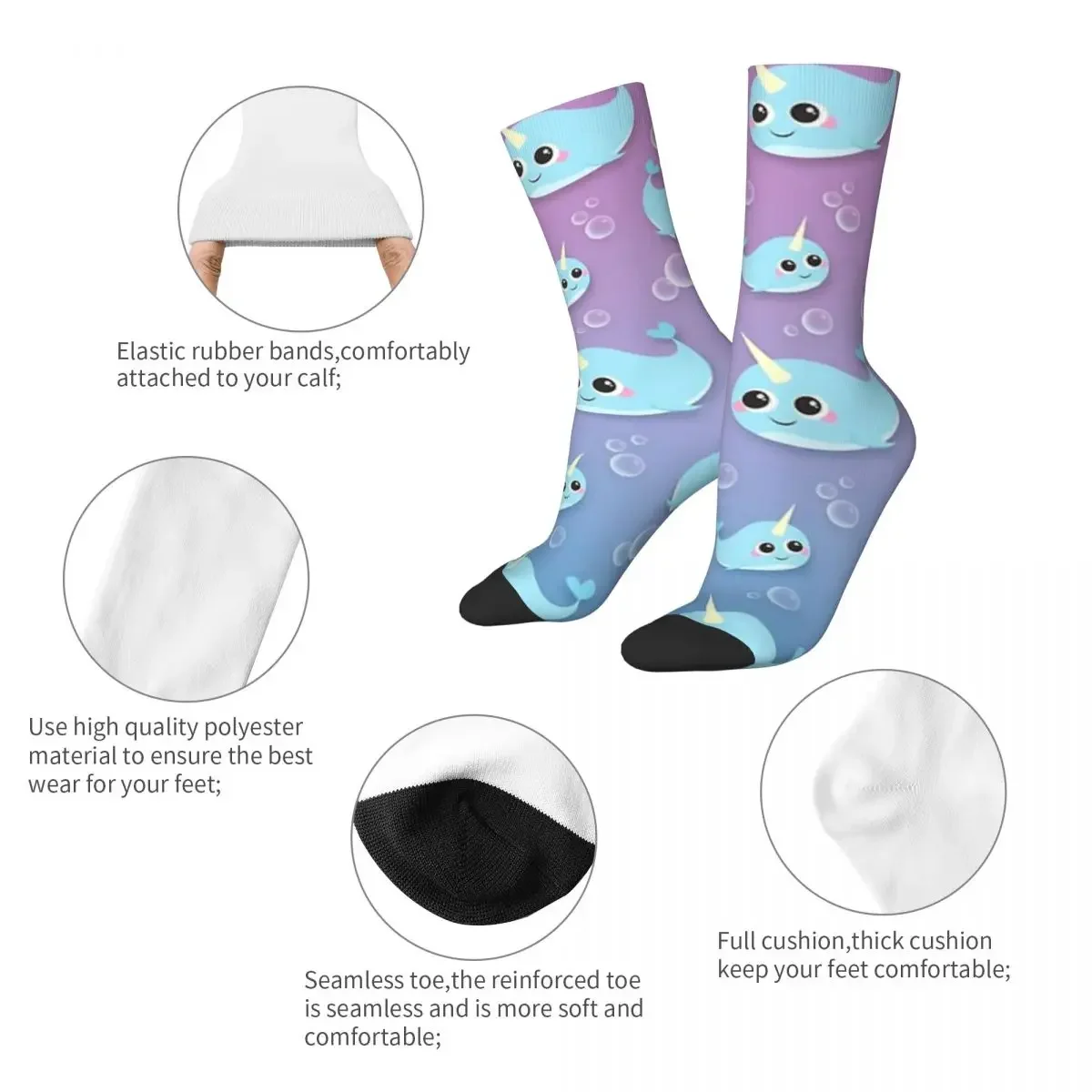 Chaussettes longues Happy Narwhal pour hommes et femmes, bas Harajuku, accessoires toutes saisons, cadeaux mignons, haute qualité