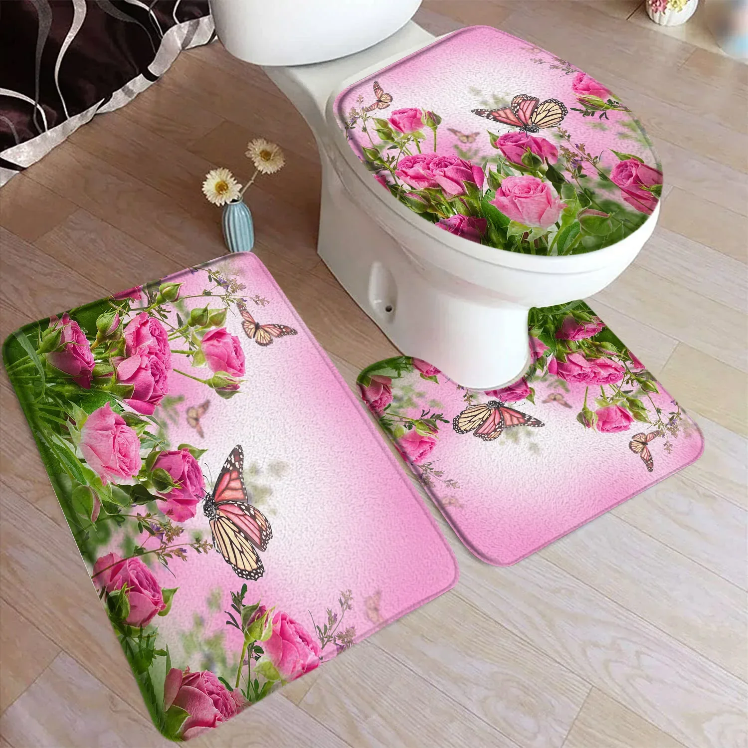 Rustic Flowers Bath Mat Set Yellow Sunflower Butterfly Blue Hydrangea Nature Floral Plant Carpet Bathroom Decor Rug Toilet Cover