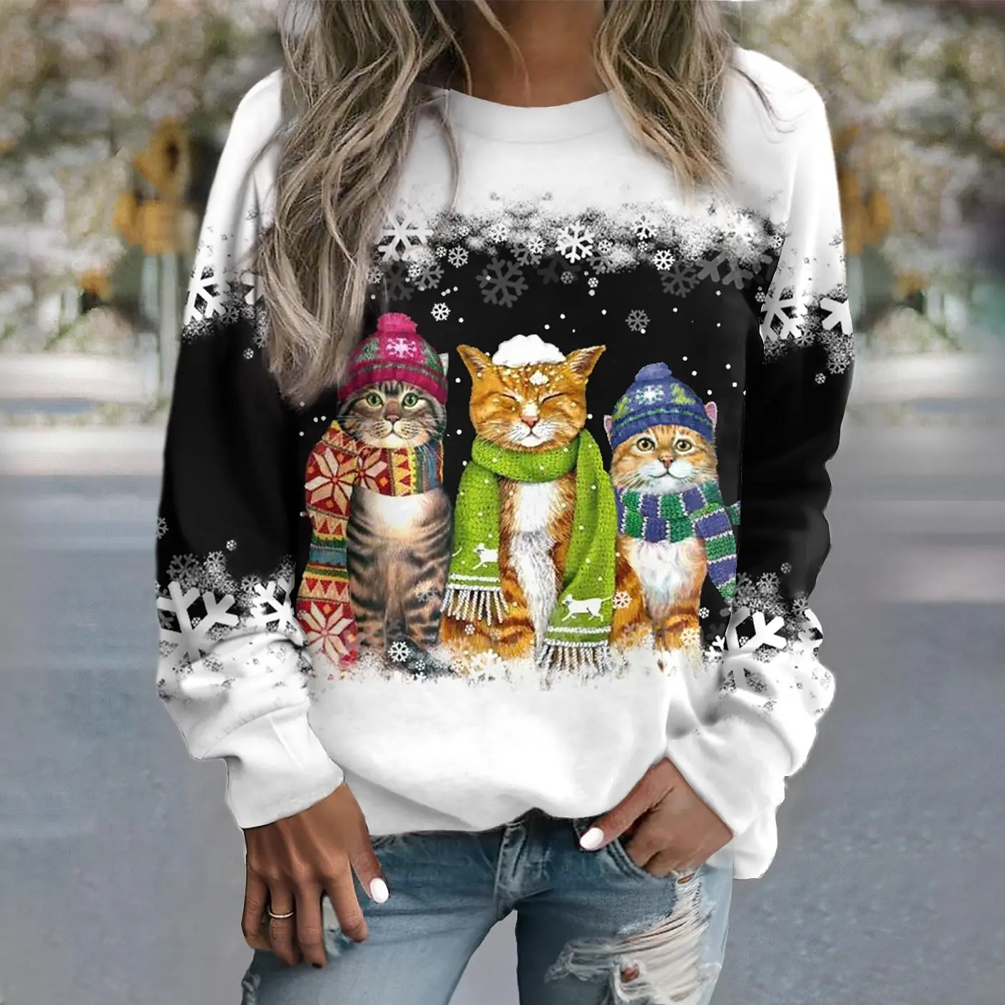 Women\'s Christmas Kitten Snowflake Sportswear Holiday Casual Round Neck Long Sleeve Top Slightly Stretchy Autumn and Winter