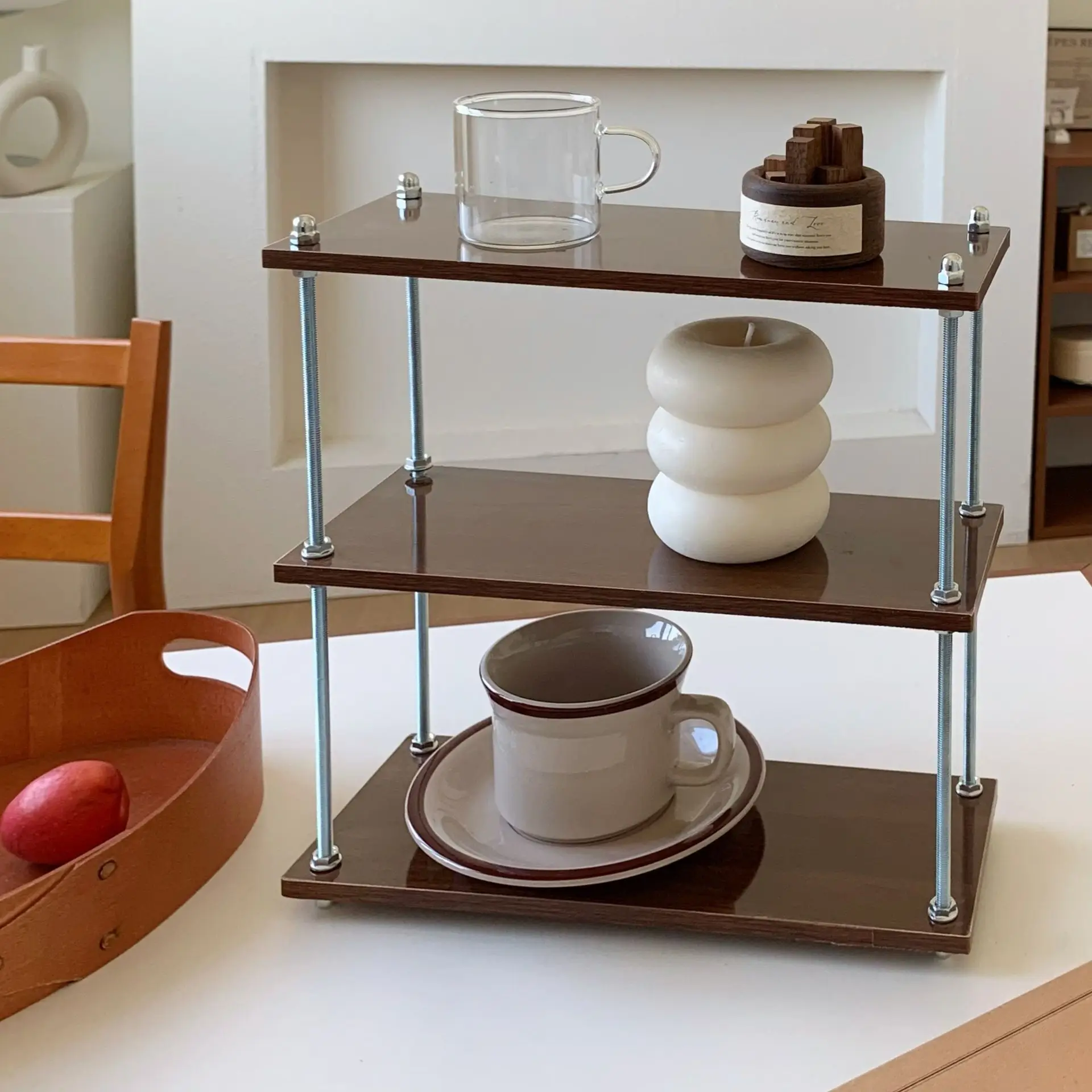 3 Tier Glossy Walnut Brown Wood Grain Kitchen Storage Rack Metal Support Desktop Countertop Cup Spice Display Organizer Shelf